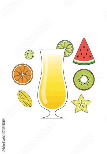 A tall glass of yellow tropical cocktail surrounded by various fresh fruits like orange, lime, kiwi, watermelon, starfruit, and carambola.