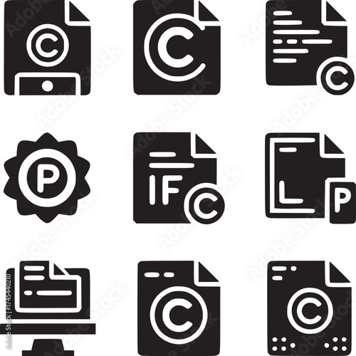 Collection of copyright and proprietary icons displayed in a nine grid pattern on white background
