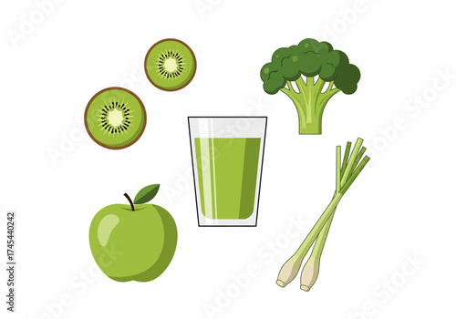 A vibrant collection of green fruits and vegetables including kiwi, apple, broccoli, and lemongrass, alongside a refreshing glass of green juice.