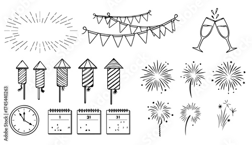 Exciting New Year's Eve elements for festive designs or invitations with fireworks, champagne, calendars, and party decorations in black and white