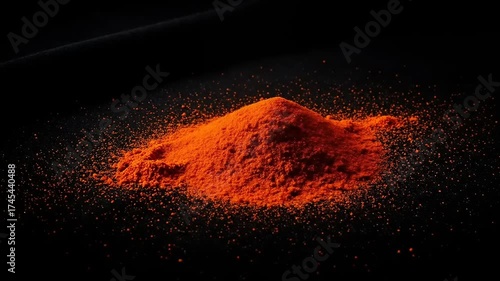 Vibrant Orange Powder Pouring onto a Dark Black Surface.