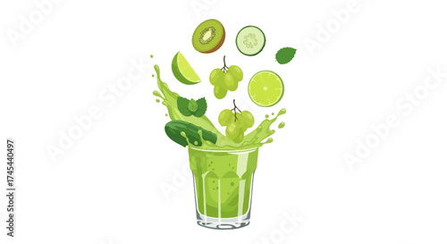 Illustration of a green smoothie with fruit slices and splash effect.