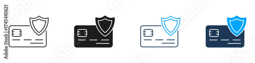 Credit Card With Shield Line And Solid Icon Set. Financial Security And Fraud Protection Symbol Collection. Secure Payment And Data Privacy. Isolated Vector Illustration