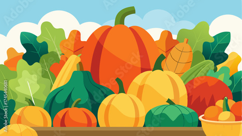 A colorful arrangement of seasonal squash pumpkins and gourds on display at a farmers market capturing the essence of autumnal harvest and organic farming.