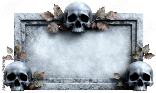 Decorative Skull Frame with Leaves for Halloween Themed Artwork Isolate on Transparent Background, cutout, png
