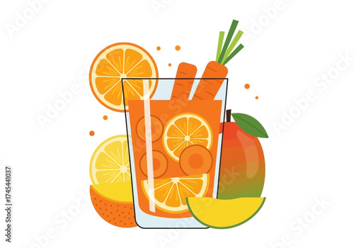 Vibrant illustration of a refreshing orange and carrot juice in a glass with fresh fruits and vegetables around it.