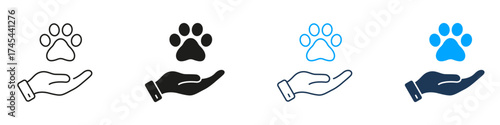 Hand Holding Paw Print Line And Solid Icon Set. Animal Care, Pet Adoption, And Veterinary Support Symbol Collection. Compassion And Protection For Animals. Isolated Vector Illustration