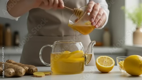 Woman Preparing Healthy Ginger Lemon Tea with Honey in Kitchen.