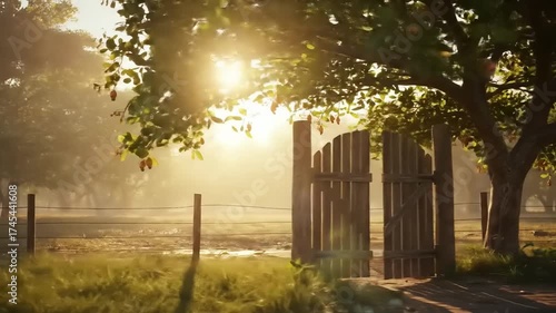 Wooden gate in a field with a tree and sunlight shining through.