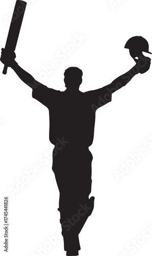 Silhouette of a cricket player swinging a bat and ball.
A black silhouette of a cricket batsman in mid-swing, captured against a white background. The player is wearing protective gear.
