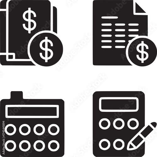 Illustrated financial icons showing bookkeeping, invoice, calculator and accounting tools for business