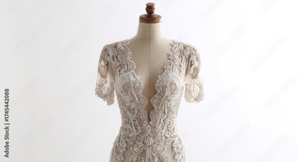 Fototapeta premium A wedding gown with a plunging neckline, intricate lace, and short sleeves, on a mannequin