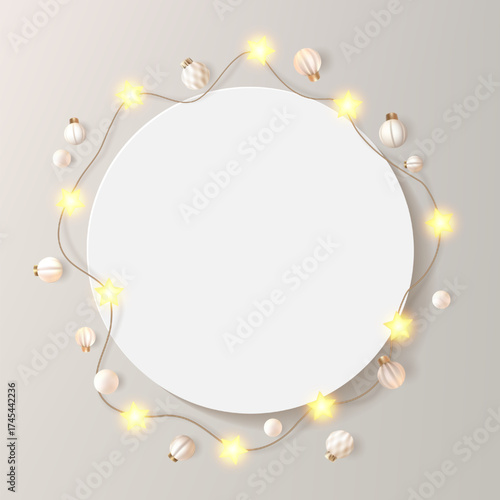 Round white photo frame on light bd. Festive Christmas luxury light bulb, garland shine and glow. Decorated picture mock up, ramadan shine bright star sting. Holiday post template, magic fairy gallery