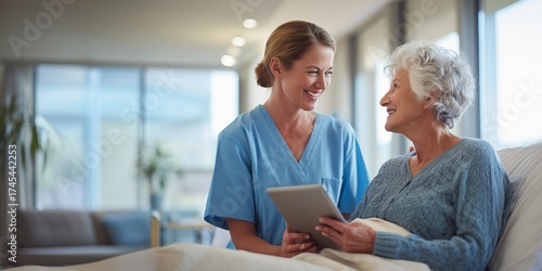 Caregiver in medical scrubs,stand beside senior patient sitting on hospital bed,copy space,banner.