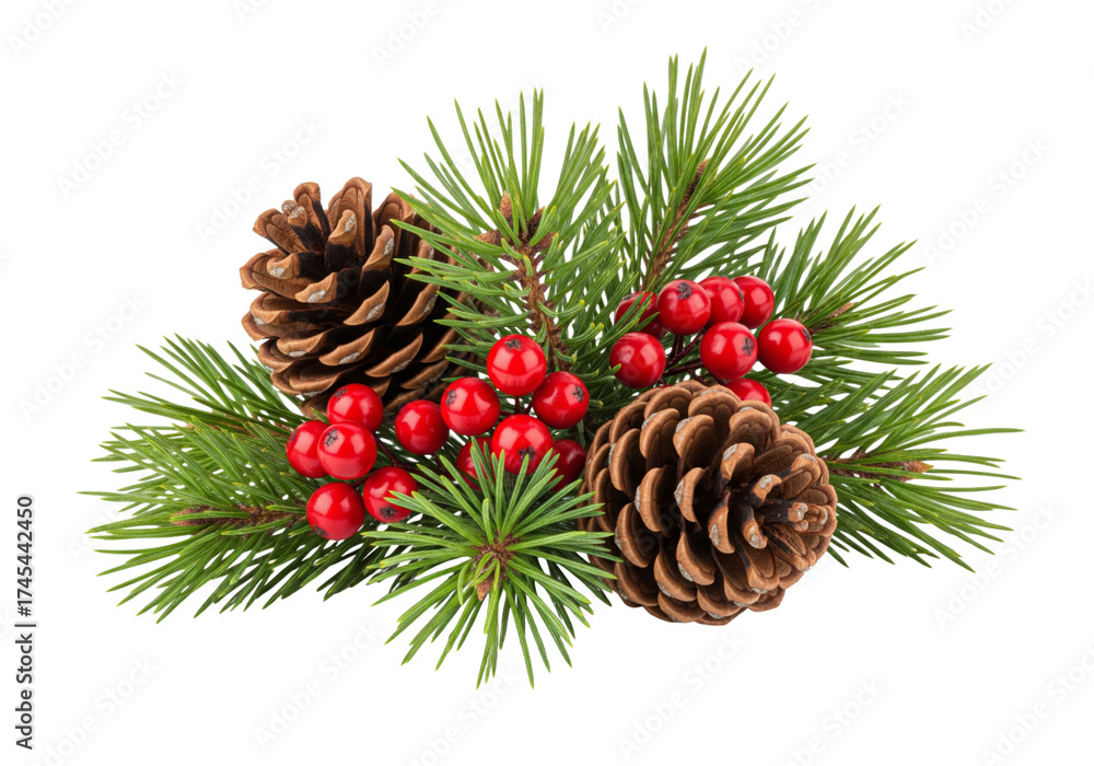 Fototapeta premium Christmas decoration with cones and fir branches isolated on white or transparent background