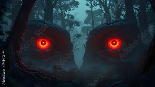 Mysterious glowing red eyes in a dark eerie forest