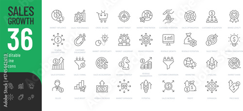 Sale Growth Line Editable Icons set. Vector illustration in modern thin line style of marketing related icons: profit, revenue, strategy, and more. Isolated on background