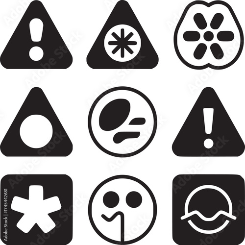 A grid of nine black and white vector icons featuring various symbols and warning sign designs isolated