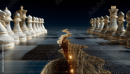 Digital chessboard divided by glowing rift, futuristic strategy concept with 3D wireframe chess pieces, technology conflict and artificial intelligence symbolism, innovation and leadership vision
