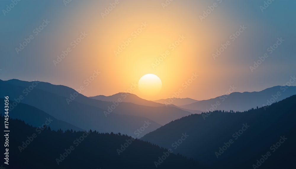 Obraz premium A sunrise or sunset scene with a view of a mountain range and valley in the distance under a sky that appears to be either dawn or dusk