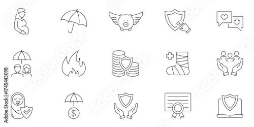 Pregnancy, Insurance, And Financial Security Line Icons. Health Protection, Savings, Safety Outline Symbols. Family Care, Investment, Risk Management. Editable Stroke. Isolated Vector Illustration