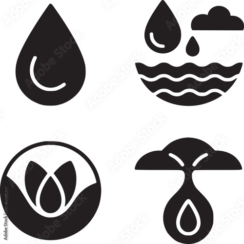 A set of four black and white icons featuring water drops, clouds, and abstract shapes in a grid