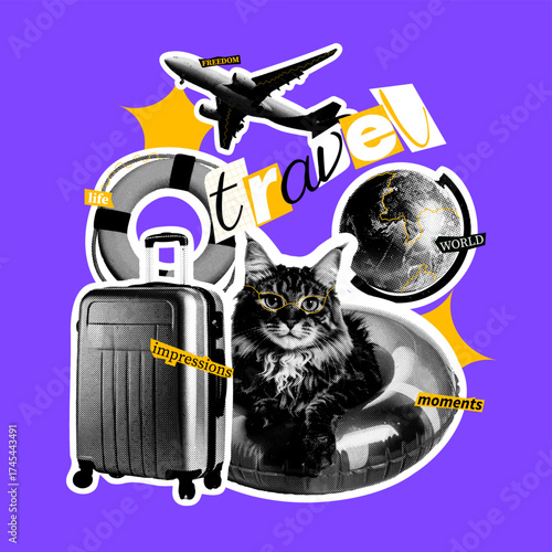 Playful travel sticker in retro halftone style with a cool cat, suitcase, globe, airplane, and lifebuoy. Great for humor based travel content, pet friendly vacation themes, or unique travel branding.