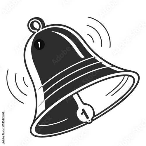Illustration of a classic black and white bell with a clapper and a loop for hanging or ringing it