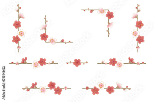 紅白梅のライン素材セット｜梅の花の飾り罫, 和風デザイン, 春の装飾, 年賀状, 正月, 梅の枝ライン, 和柄, ベクター, 背景透過, フレーム素材