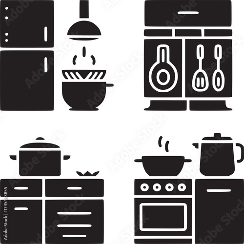 A kitchen scene depicting various appliances and cooking utensils in a simple black silhouette style