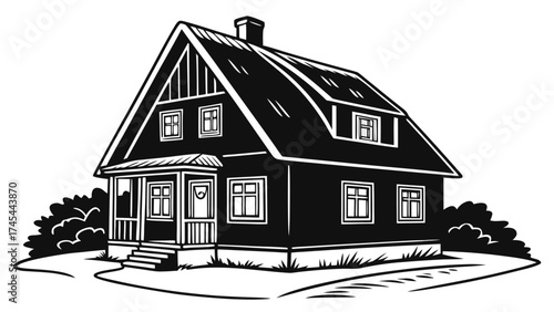 Illustration of a two story house with a porch and chimney in black and white style drawing design