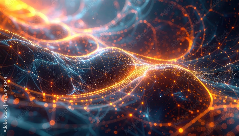 Naklejka premium Glowing digital network of connected data points and lines forming a dynamic, abstract composition,