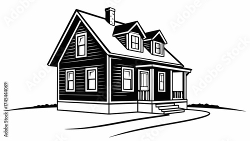 Illustration of a two story house with dormers and a chimney in black and white line art style