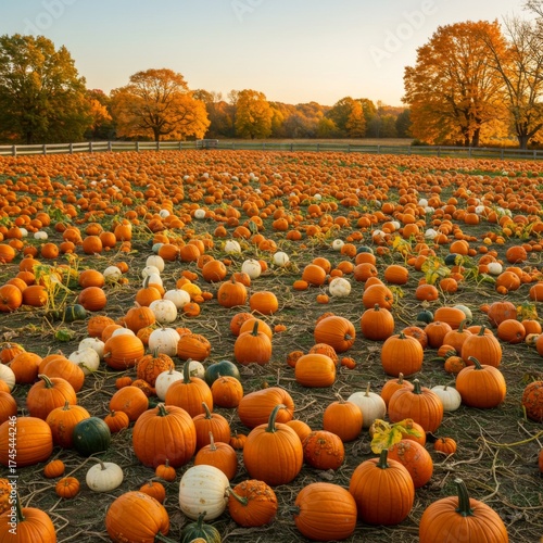 Abundant Orange Pumpkins in a Field under Golden Light in Autumn Season
