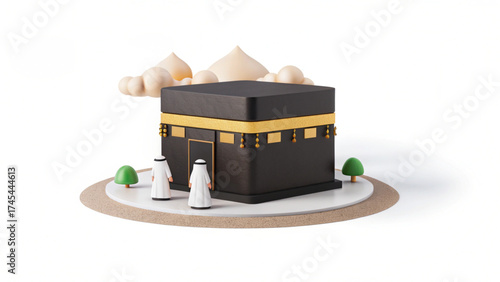 Stylized depiction of the kaaba with two figures and cloud elements on a circular platform design
