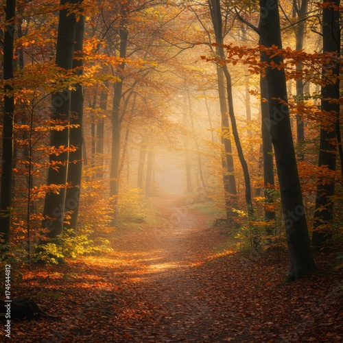 Sunlit Autumnal Forest Path with Golden Leaves and Trees in Warm Hues