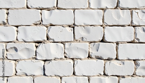 An old brick wall with large, irregular bricks in shades of white and gray. The bricks appear weathered and chipped, indicating exposure to the elements for a considerable amount of time