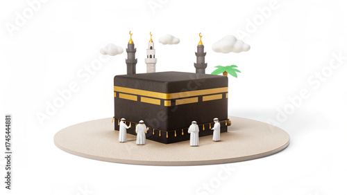 Illustration of the kaaba in mecca with people, towers, clouds and a palm tree on a round surface