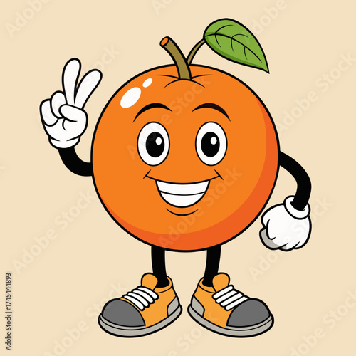 Cartoon orange character with a leaf making a peace sign and wearing shoes on a light background