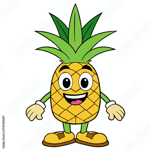 Illustration of a cartoon pineapple character with a cheerful expression standing on yellow shoes
