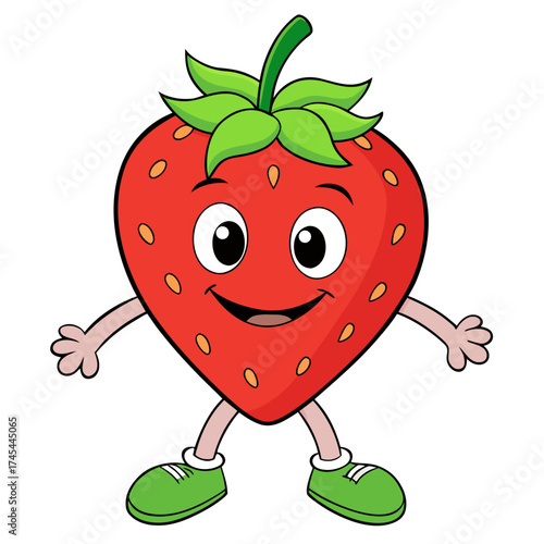 A cartoon strawberry character with a smiling face wearing green shoes and having arms outstretched wide open