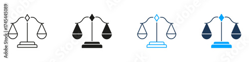 Scales Of Justice Line And Solid Icon Set. Legal Balance, Fairness, And Equality Symbol Collection. Law And Justice Representation. Isolated Vector Illustration