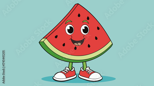 A cartoon watermelon slice with a happy face and red shoes standing on a light blue background color