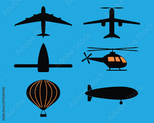 A captivating collection of air vehicle silhouettes, featuring diverse aircraft like passenger jets, propeller planes, helicopters, hot air balloons, and blimps against a blue sky.