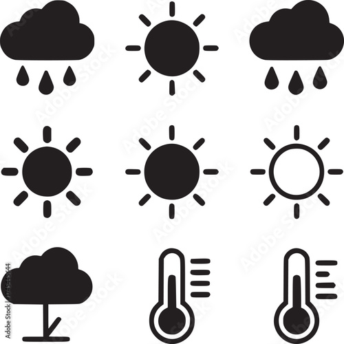 Weather icons showing sunny rainy and temperature conditions in a simple black and white style