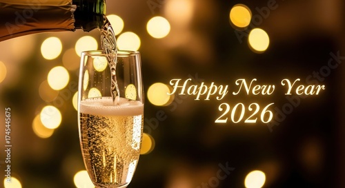 High resolution, professional photography, glass champagne flute, golden sparkling champagne, celebration, Happy New Year 2026 text, warm golden bokeh background, elegant, festive, Christmas, New Year