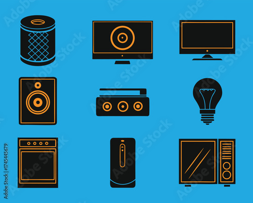 A collection of black silhouette icons showcasing modern electronic devices and home appliances on a bright blue background.