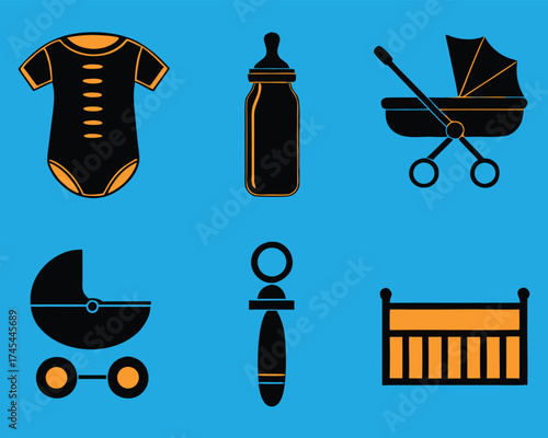 Baby care essentials graphic featuring a bodysuit, feeding bottle, stroller, carriage, rattle, and crib on blue.