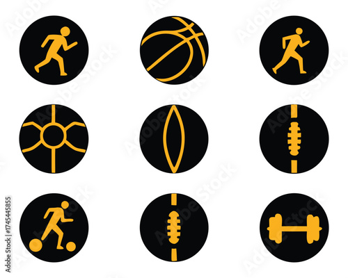 Black and yellow sports and fitness icons featuring running, basketball, soccer, American football, and a dumbbell for athletic designs.