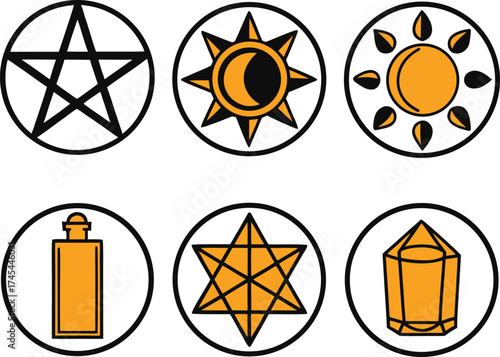 Collection of mystical alchemical symbols featuring pentagram, hexagram, sun and moon, potion bottle, sun icon, and crystal. Esoteric spiritual vector illustrations.
